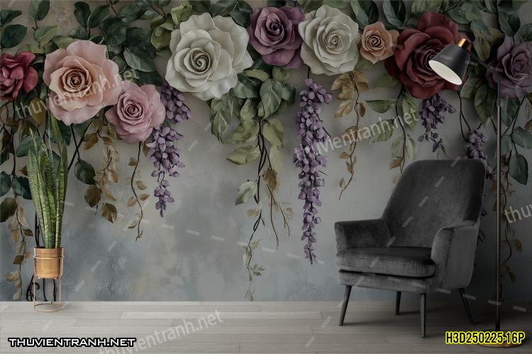 Tranh dán tường Hoa 3D- H3D250225-16P - Tranh tường chất lượng cao